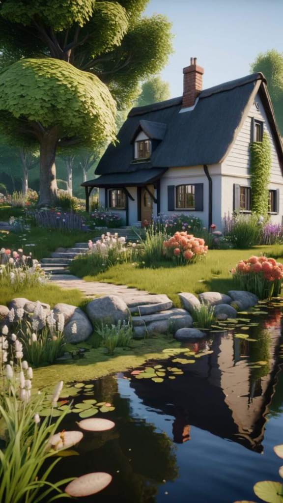 Hd aesthetic background cute wallpaper cottage by pond 1440x2560